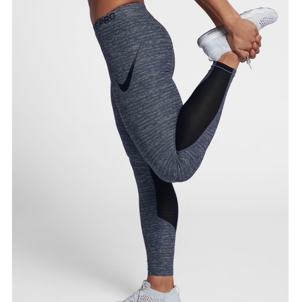 NIKE PRO Heather Blue‎ Black Mesh Tight Fit Dri-Fit Training Active Legging Sz S